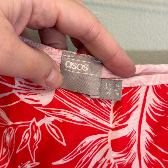 Asos Mini Shift Dress 10 Red White Leaf Ruffled Spaghetti Straps Tropical Summer - Picture 7 of 8